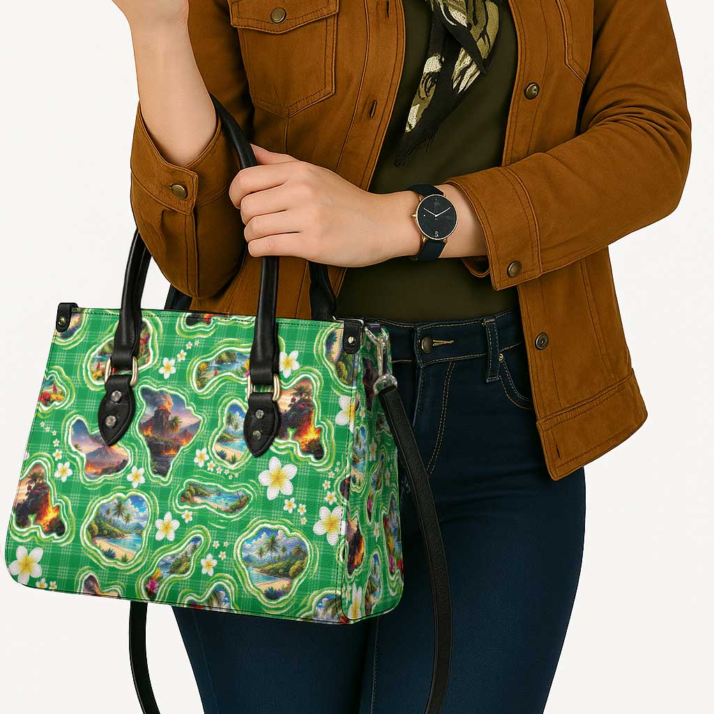 Hawaii Map with Plumeria Flower and Palaka Pattern Leather Bag Tropical Island Green Design