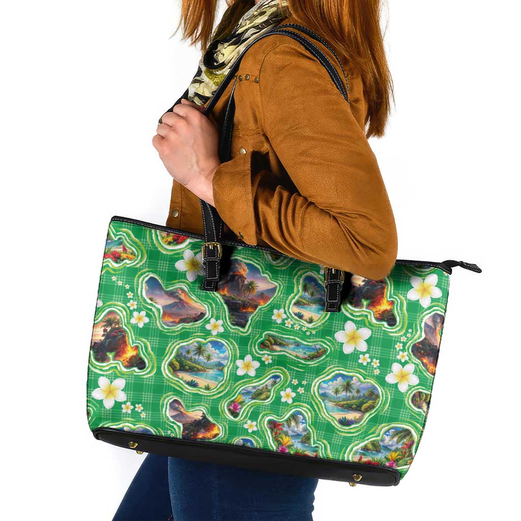 Hawaii Map with Plumeria Flower and Palaka Pattern Leather Tote Bag Tropical Island Green Design