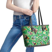 Hawaii Map with Plumeria Flower and Palaka Pattern Leather Tote Bag Tropical Island Green Design