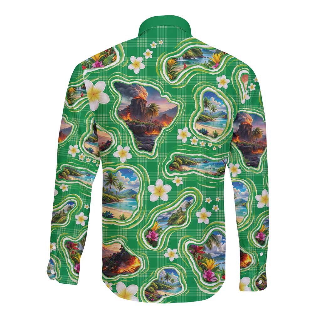 Hawaii Map with Plumeria Flower and Palaka Pattern Long Sleeve Button Shirt Tropical Island Green Design