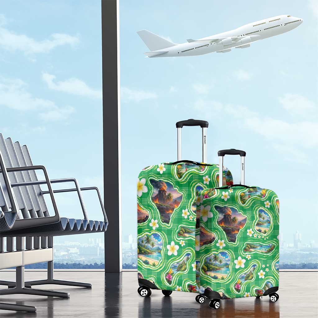 Hawaii Map with Plumeria Flower and Palaka Pattern Luggage Cover Tropical Island Green Design