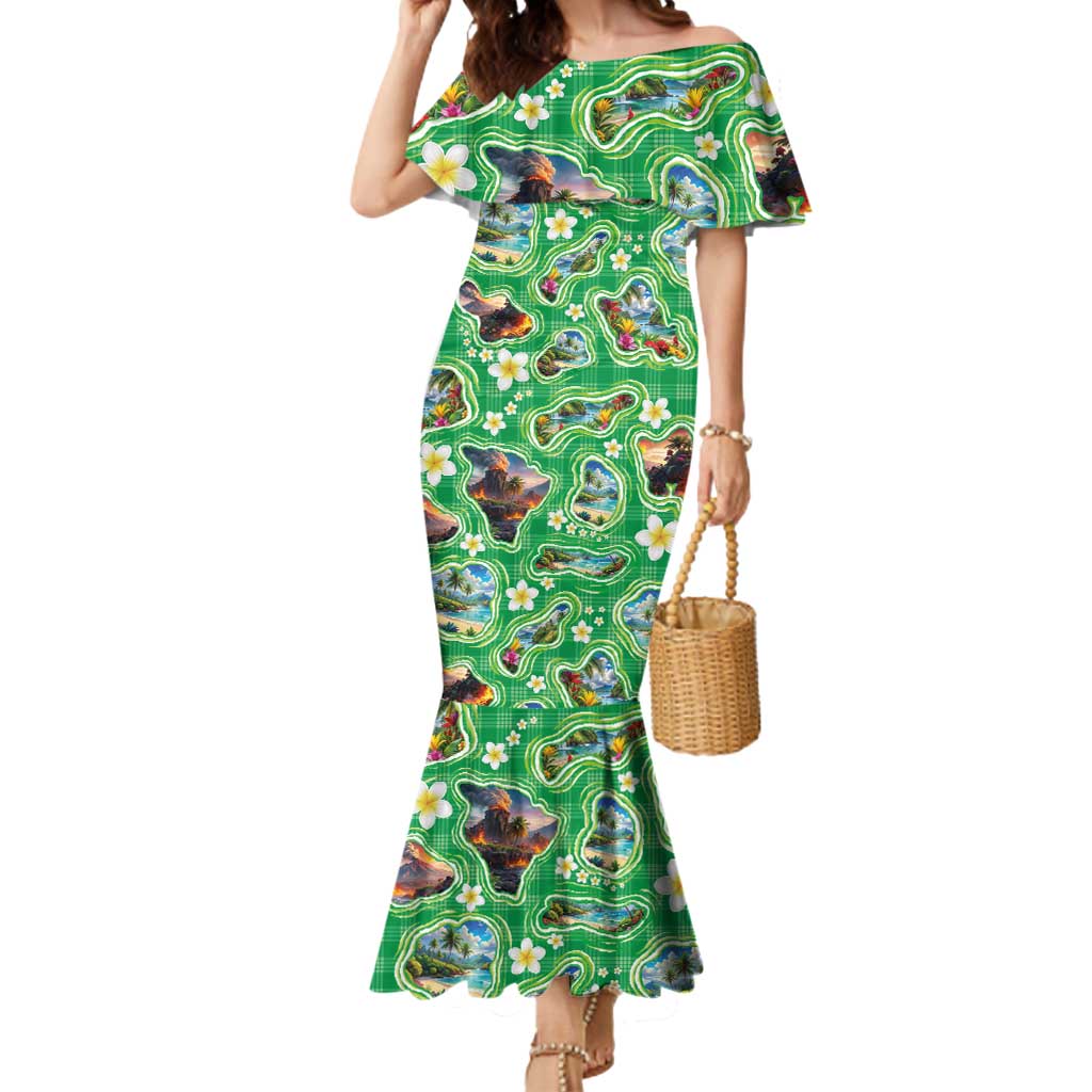 Hawaii Map with Plumeria Flower and Palaka Pattern Mermaid Dress Tropical Island Green Design