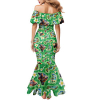 Hawaii Map with Plumeria Flower and Palaka Pattern Mermaid Dress Tropical Island Green Design