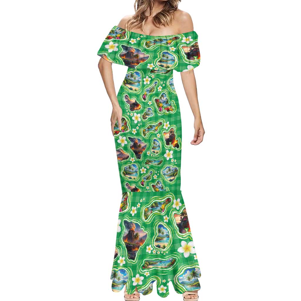 Hawaii Map with Plumeria Flower and Palaka Pattern Mermaid Dress Tropical Island Green Design