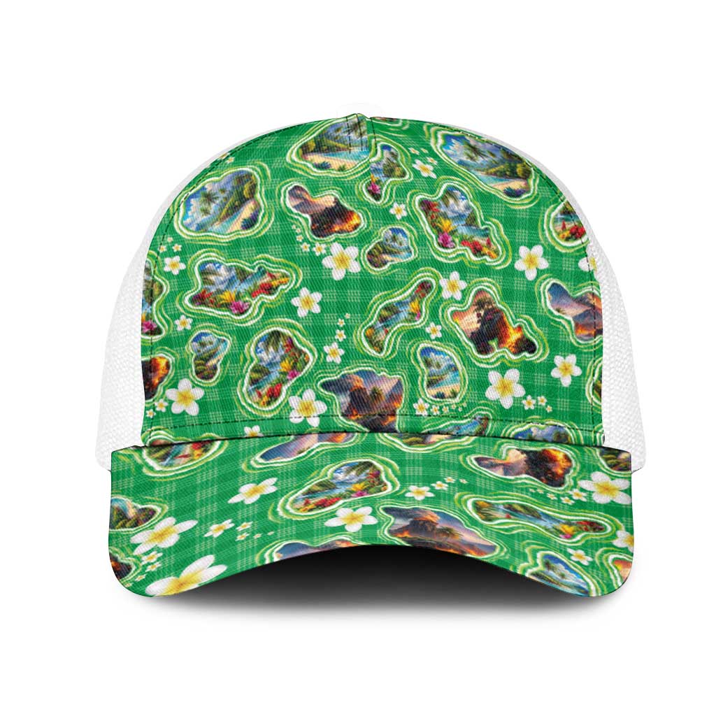 Hawaii Map with Plumeria Flower and Palaka Pattern Mesh Trucker Cap Tropical Island Green Design