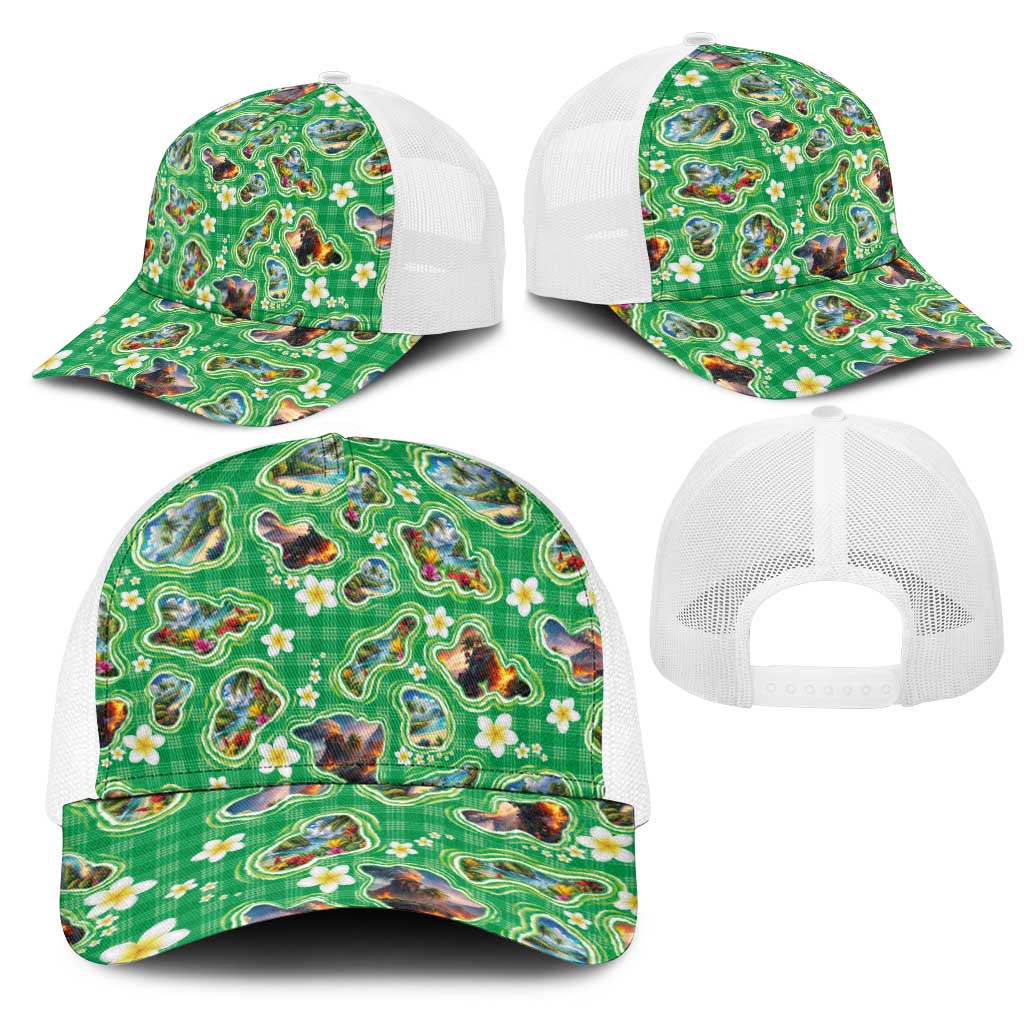 Hawaii Map with Plumeria Flower and Palaka Pattern Mesh Trucker Cap Tropical Island Green Design