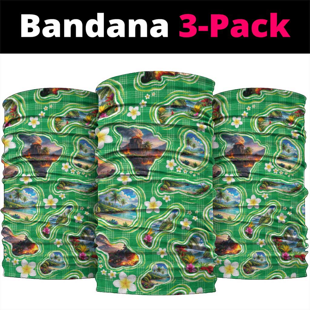 Hawaii Map with Plumeria Flower and Palaka Pattern Neck Gaiter Tropical Island Green Design