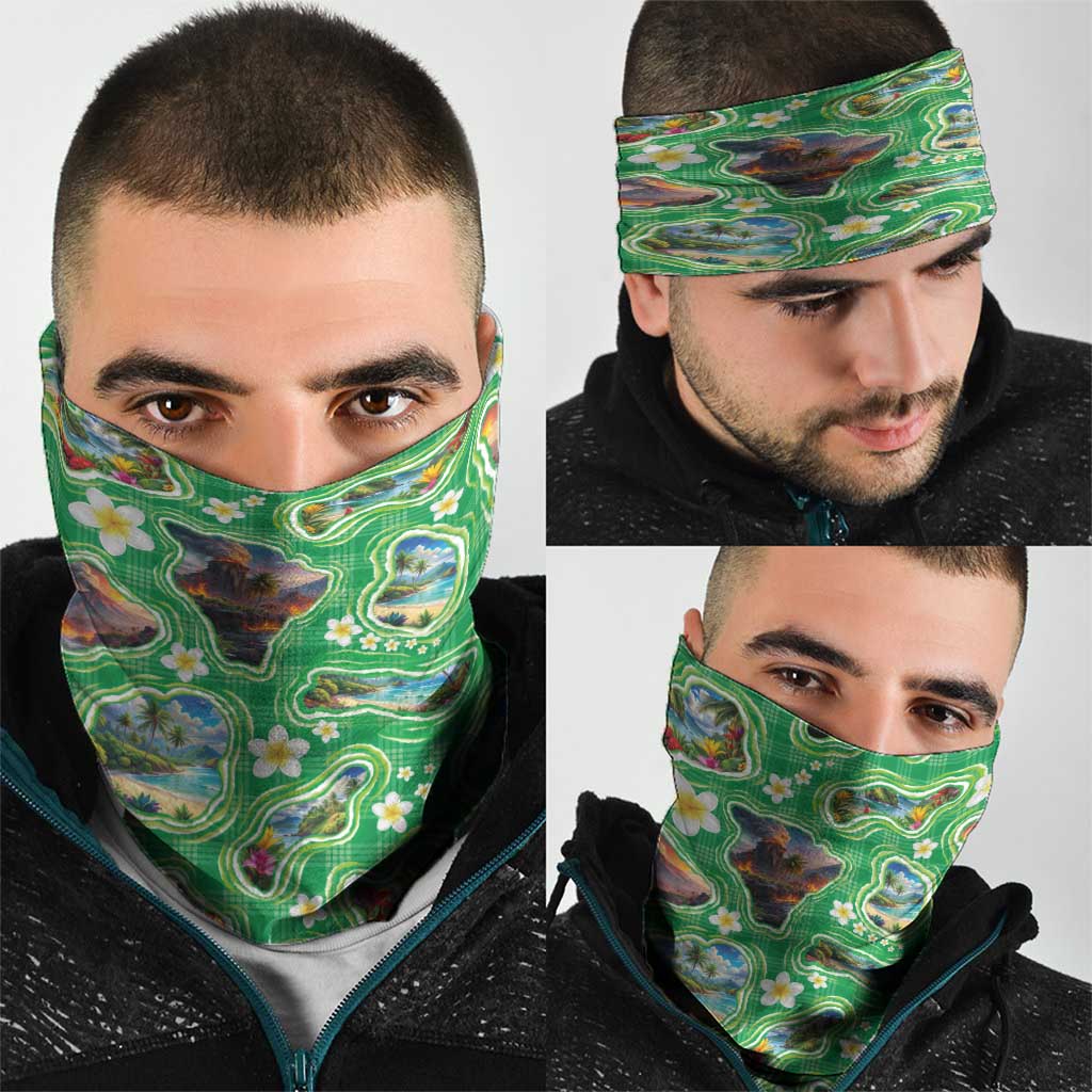 Hawaii Map with Plumeria Flower and Palaka Pattern Neck Gaiter Tropical Island Green Design