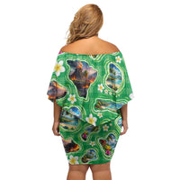 Hawaii Map with Plumeria Flower and Palaka Pattern Off Shoulder Short Dress Tropical Island Green Design