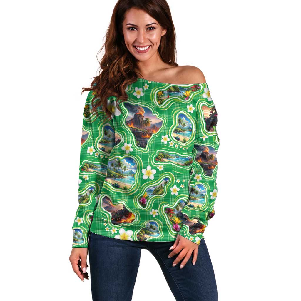 Hawaii Map with Plumeria Flower and Palaka Pattern Off Shoulder Sweater Tropical Island Green Design