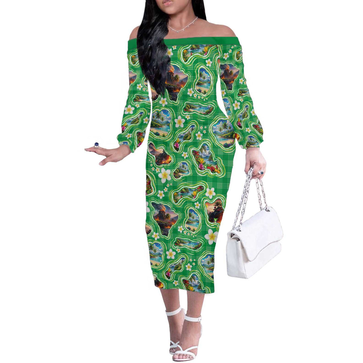 Hawaii Map with Plumeria Flower and Palaka Pattern Off The Shoulder Long Sleeve Dress Tropical Island Green Design