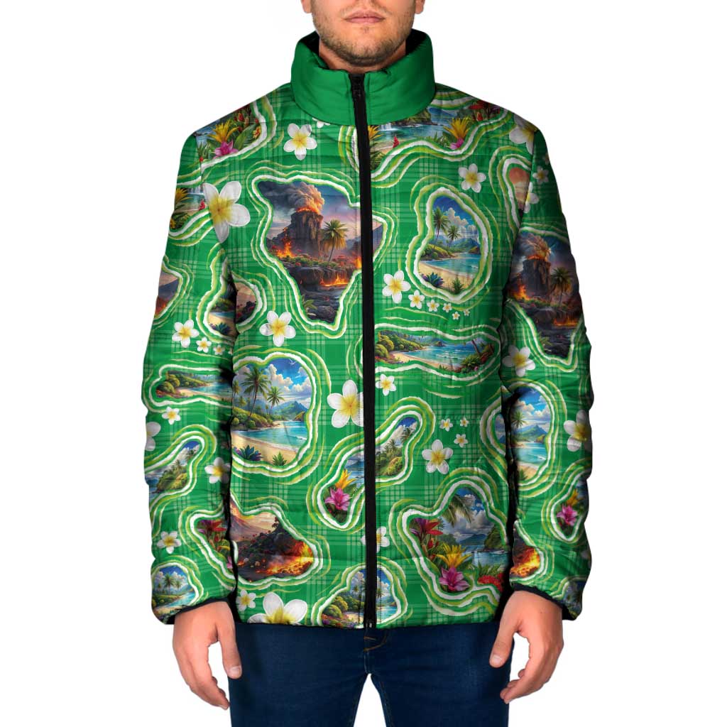 Hawaii Map with Plumeria Flower and Palaka Pattern Padded Jacket Tropical Island Green Design
