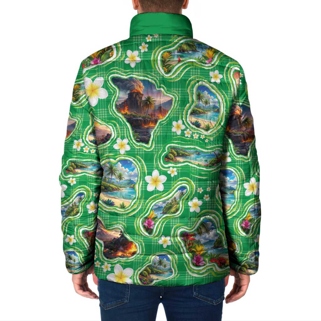 Hawaii Map with Plumeria Flower and Palaka Pattern Padded Jacket Tropical Island Green Design