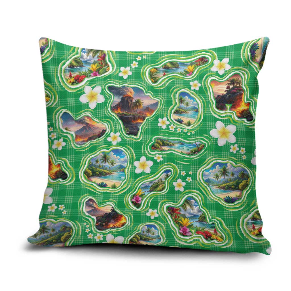Hawaii Map with Plumeria Flower and Palaka Pattern Pillow Cover Tropical Island Green Design