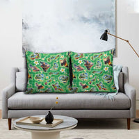 Hawaii Map with Plumeria Flower and Palaka Pattern Pillow Cover Tropical Island Green Design