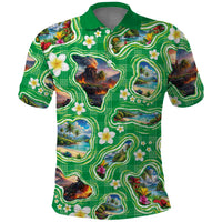 Hawaii Map with Plumeria Flower and Palaka Pattern Polo Shirt Tropical Island Green Design