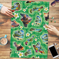 Hawaii Map with Plumeria Flower and Palaka Pattern Puzzle Tropical Island Green Design