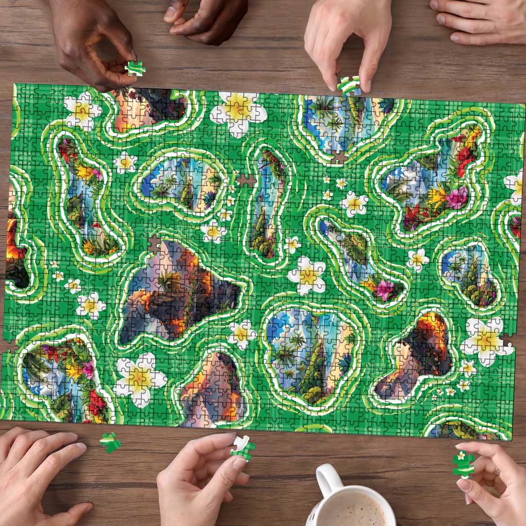 Hawaii Map with Plumeria Flower and Palaka Pattern Puzzle Tropical Island Green Design