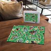 Hawaii Map with Plumeria Flower and Palaka Pattern Puzzle Tropical Island Green Design