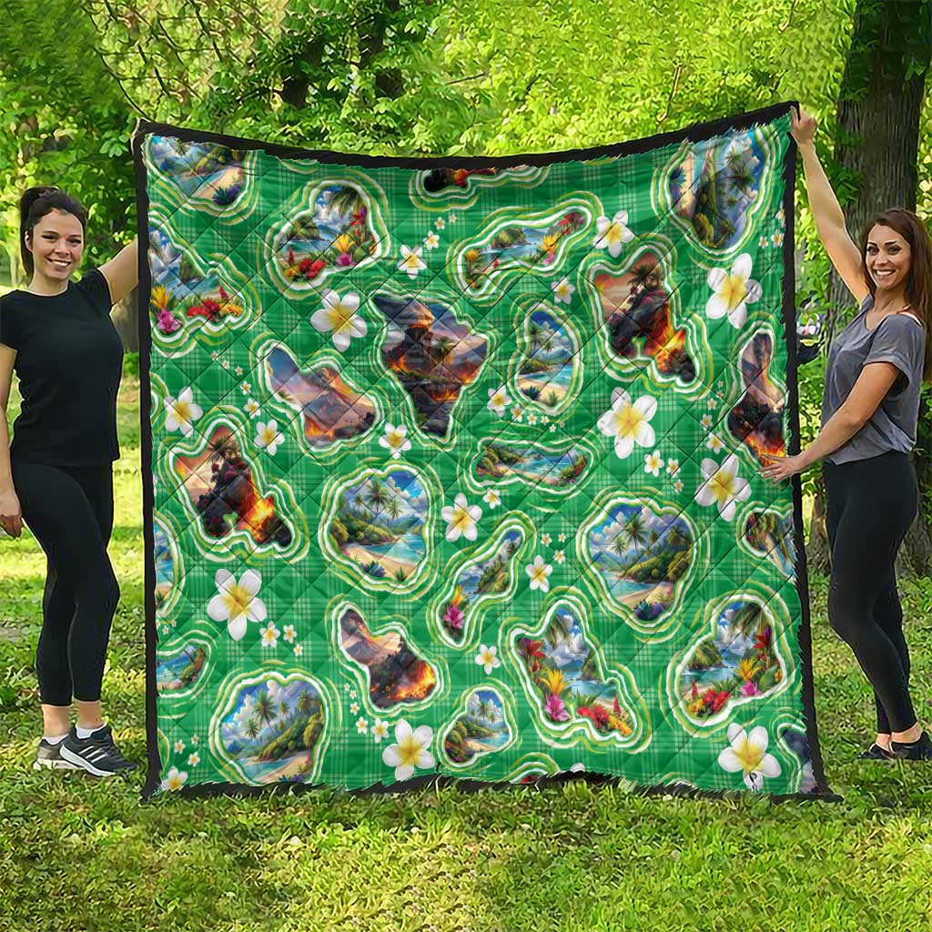 Hawaii Map with Plumeria Flower and Palaka Pattern Quilt Tropical Island Green Design