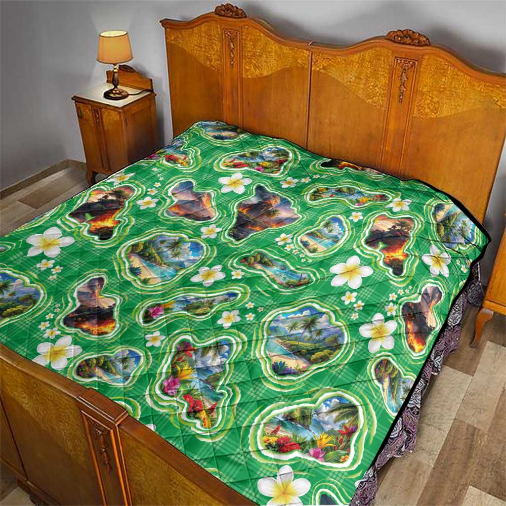 Hawaii Map with Plumeria Flower and Palaka Pattern Quilt Tropical Island Green Design