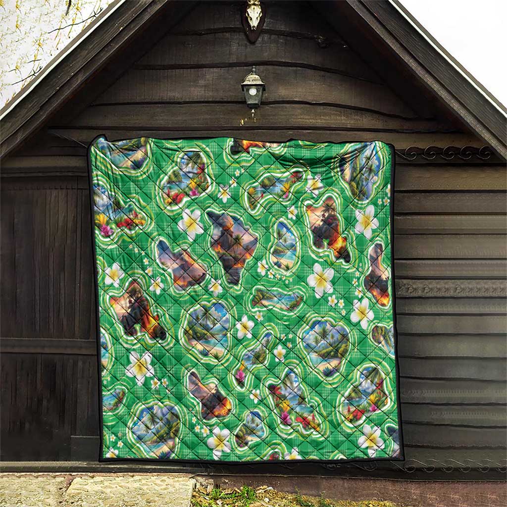 Hawaii Map with Plumeria Flower and Palaka Pattern Quilt Tropical Island Green Design