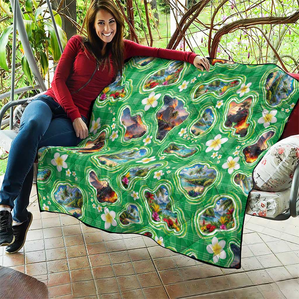 Hawaii Map with Plumeria Flower and Palaka Pattern Quilt Tropical Island Green Design