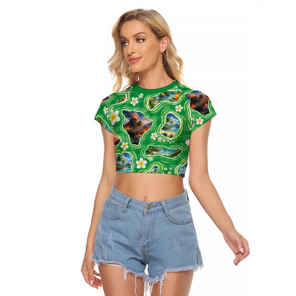 Hawaii Map with Plumeria Flower and Palaka Pattern Raglan Cropped T Shirt Tropical Island Green Design