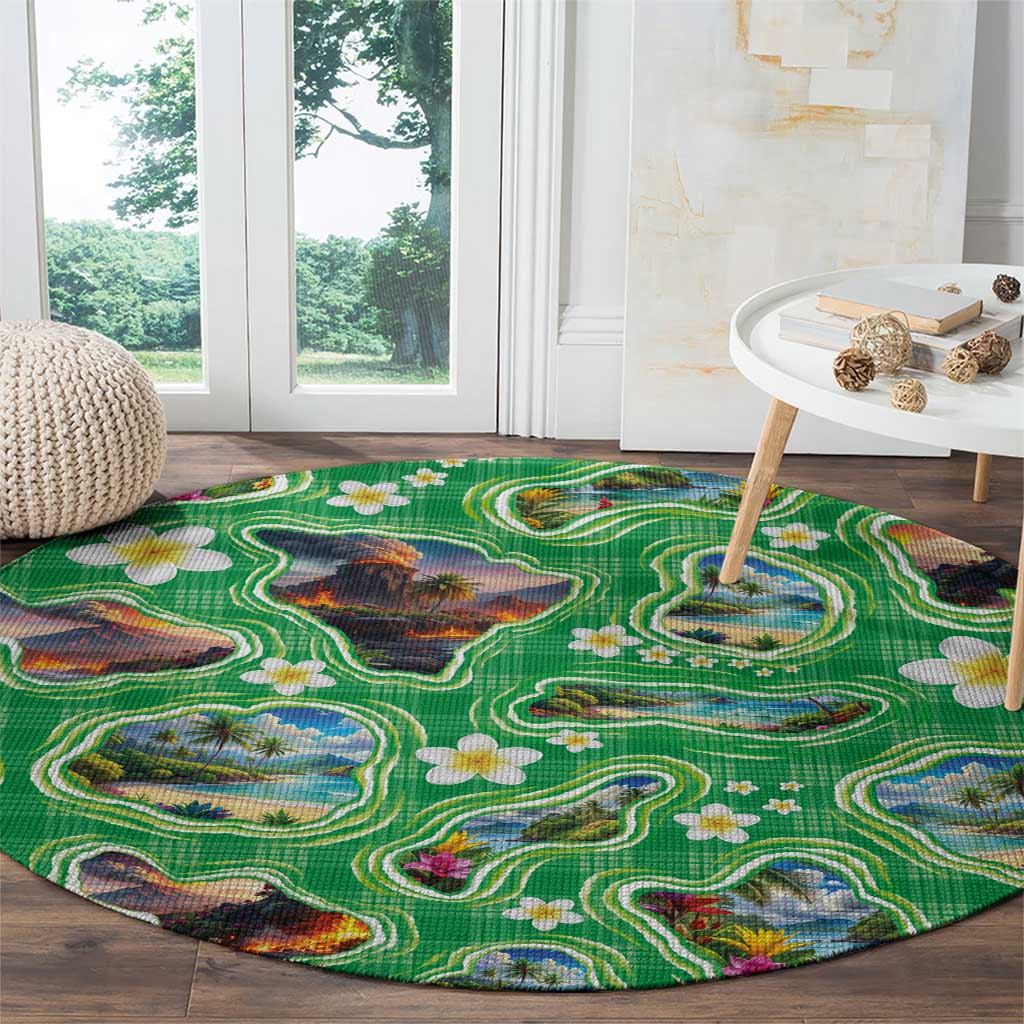 Hawaii Map with Plumeria Flower and Palaka Pattern Round Carpet Tropical Island Green Design