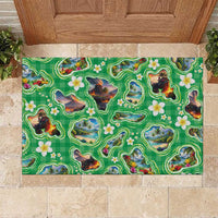 Hawaii Map with Plumeria Flower and Palaka Pattern Rubber Doormat Tropical Island Green Design