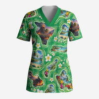 Hawaii Map with Plumeria Flower and Palaka Pattern Scrub Top Tropical Island Green Design