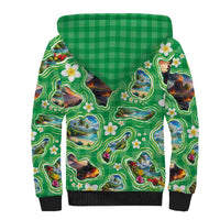 Hawaii Map with Plumeria Flower and Palaka Pattern Sherpa Hoodie Tropical Island Green Design