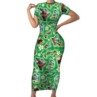 Hawaii Map with Plumeria Flower and Palaka Pattern Short Sleeve Bodycon Dress Tropical Island Green Design