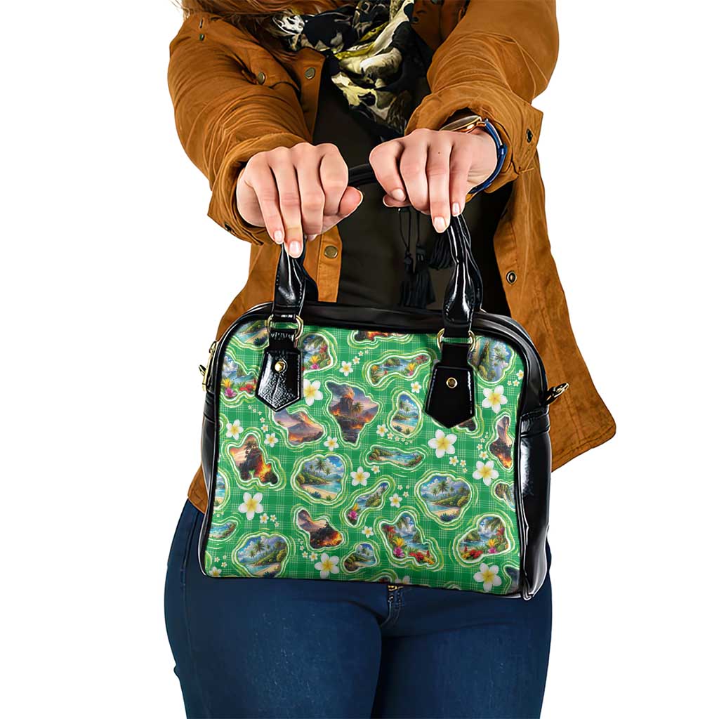 Hawaii Map with Plumeria Flower and Palaka Pattern Shoulder Handbag Tropical Island Green Design LT03 One Size Green - Polynesian Pride