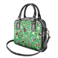 Hawaii Map with Plumeria Flower and Palaka Pattern Shoulder Handbag Tropical Island Green Design