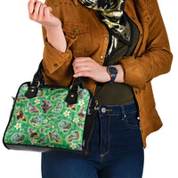 Hawaii Map with Plumeria Flower and Palaka Pattern Shoulder Handbag Tropical Island Green Design