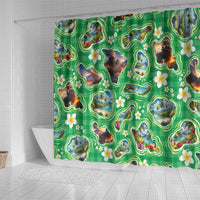 Hawaii Map with Plumeria Flower and Palaka Pattern Shower Curtain Tropical Island Green Design