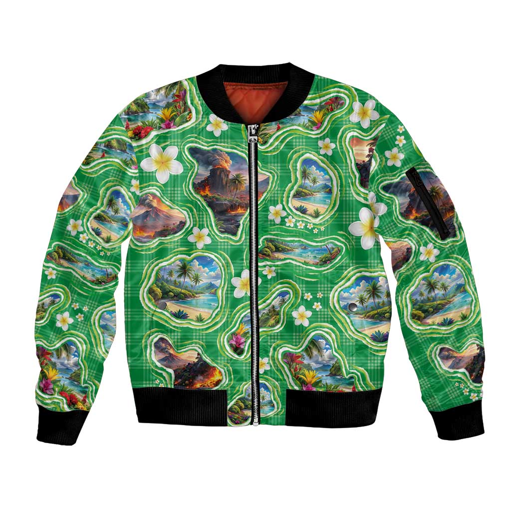 Hawaii Map with Plumeria Flower and Palaka Pattern Sleeve Zip Bomber Jacket Tropical Island Green Design LT03 Unisex Green - Polynesian Pride