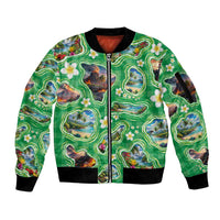 Hawaii Map with Plumeria Flower and Palaka Pattern Sleeve Zip Bomber Jacket Tropical Island Green Design