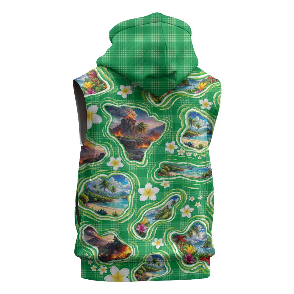 Hawaii Map with Plumeria Flower and Palaka Pattern Sleeveless Hoodie Tropical Island Green Design