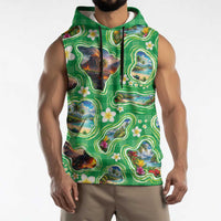 Hawaii Map with Plumeria Flower and Palaka Pattern Sleeveless Hoodie Tropical Island Green Design