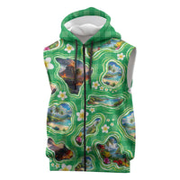 Hawaii Map with Plumeria Flower and Palaka Pattern Sleeveless Zip Hoodie Tropical Island Green Design