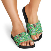 Hawaii Map with Plumeria Flower and Palaka Pattern Slide Sandals Tropical Island Green Design