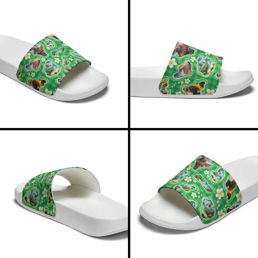 Hawaii Map with Plumeria Flower and Palaka Pattern Slide Sandals Tropical Island Green Design