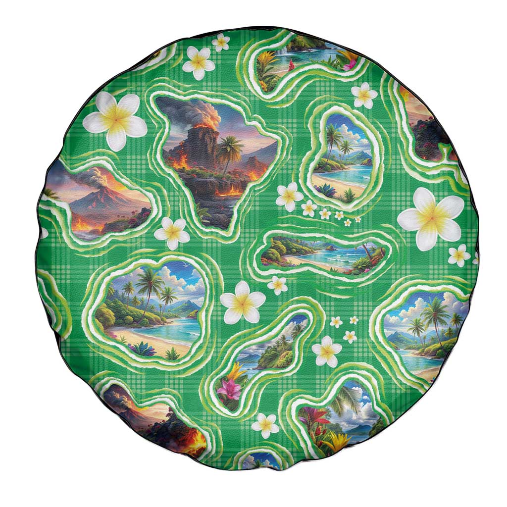 Hawaii Map with Plumeria Flower and Palaka Pattern Spare Tire Cover Tropical Island Green Design