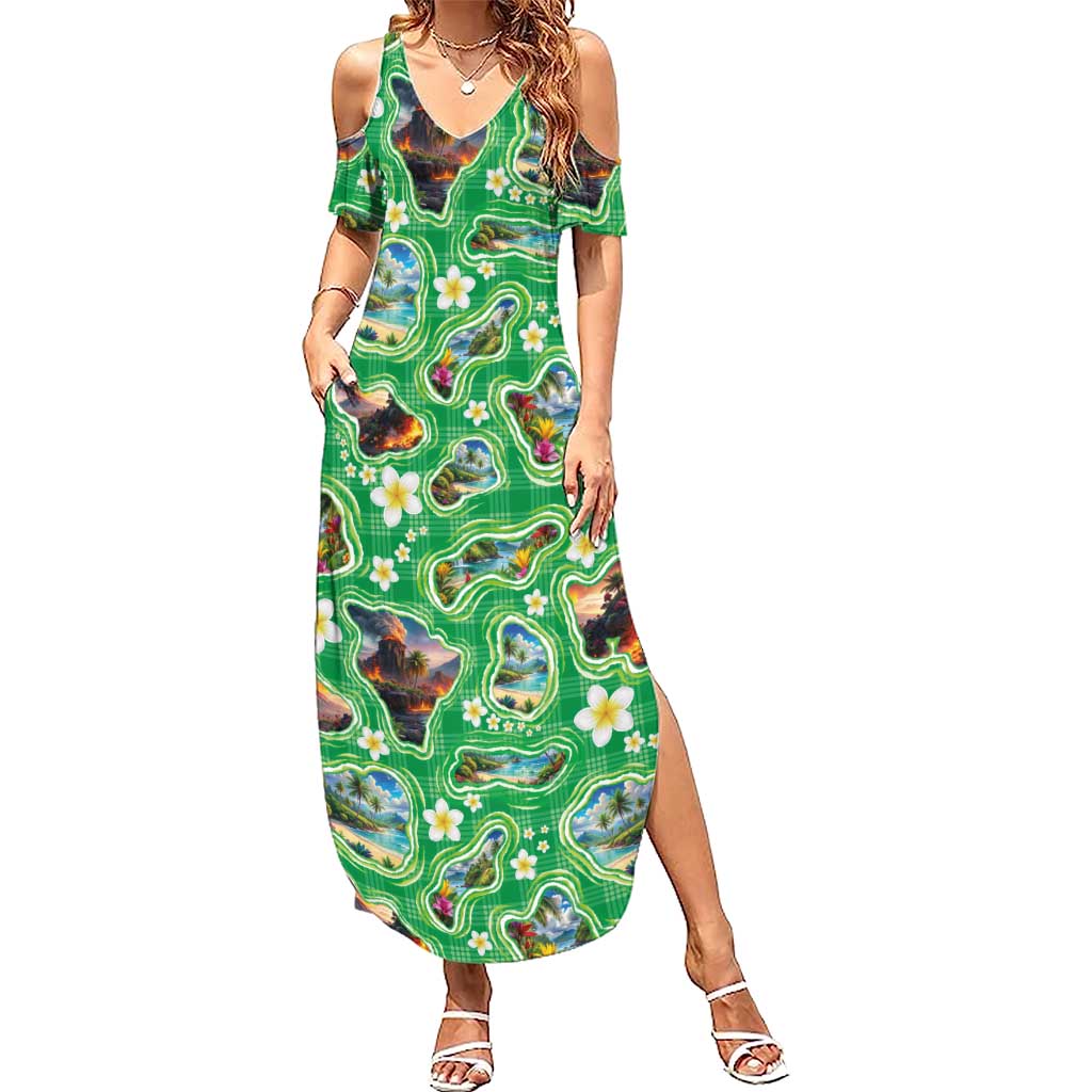 Hawaii Map with Plumeria Flower and Palaka Pattern Summer Maxi Dress Tropical Island Green Design