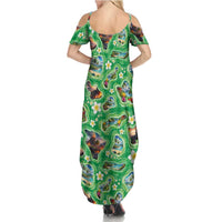 Hawaii Map with Plumeria Flower and Palaka Pattern Summer Maxi Dress Tropical Island Green Design