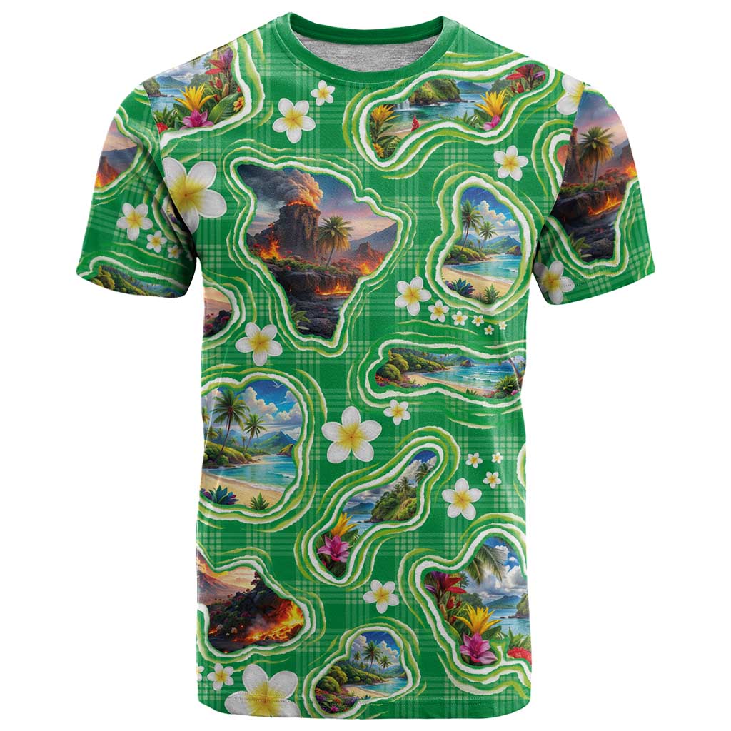 Hawaii Map with Plumeria Flower and Palaka Pattern T Shirt Tropical Island Green Design