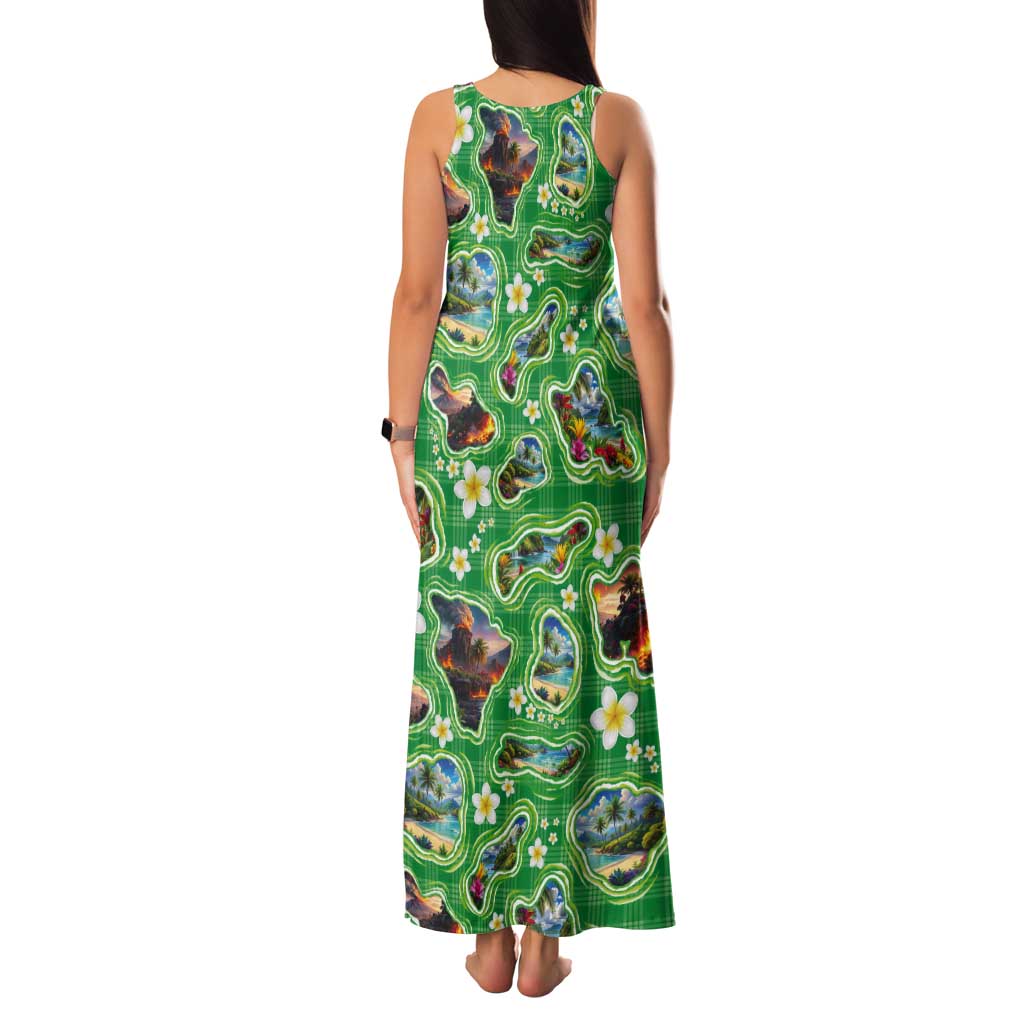 Hawaii Map with Plumeria Flower and Palaka Pattern Tank Maxi Dress Tropical Island Green Design