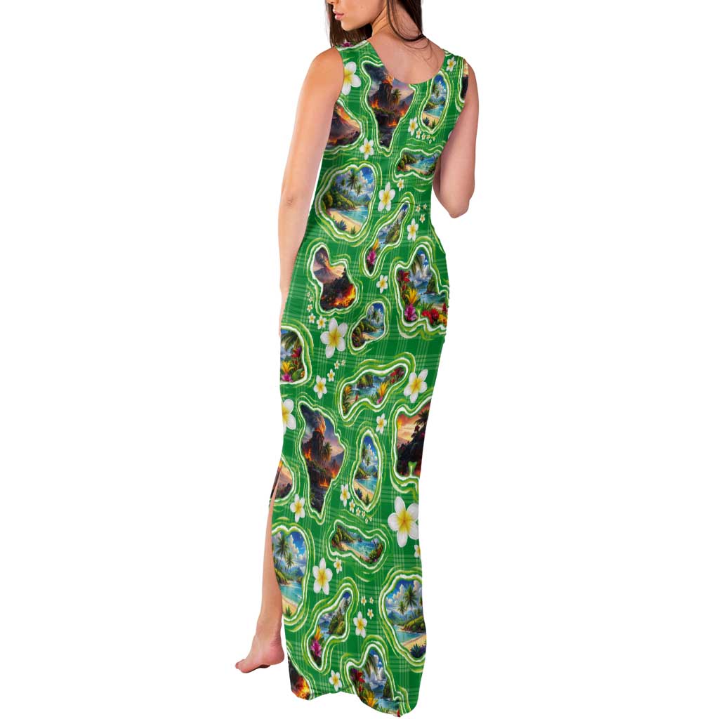 Hawaii Map with Plumeria Flower and Palaka Pattern Tank Maxi Dress Tropical Island Green Design
